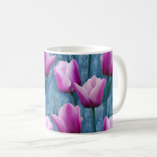 Aquarell Rosa Tulips & Blue Stucco Kaffeetasse (VorderseiteRechts)