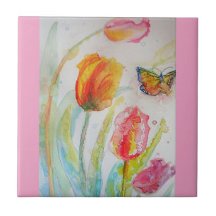 Aquarell-Rosa-Tulpen-Blumen-Keramikfliese Fliese