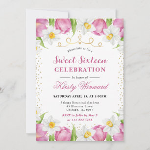 Aquarell-Rosa Tulpen und Narzissen Sweet 16 Einladung