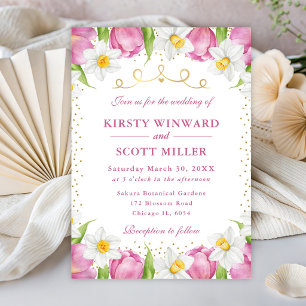 Aquarell Rosa Tulpen und Osterglocken Hochzeit Einladung