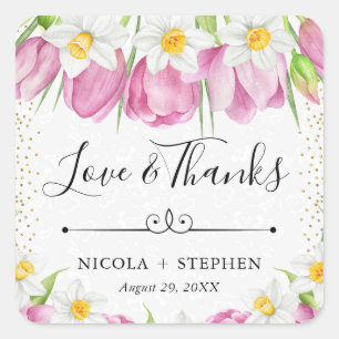 Aquarell-Rosa Tulpen und Osterglocken Hochzeit Quadratischer Aufkleber