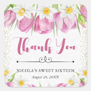 Aquarell-Rosa Tulpen und Osterglocken Sweet Sixtee Quadratischer Aufkleber