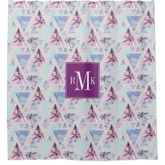 Aquarell-rosa u. blaues Palme-Muster Duschvorhang (Vorderseite)