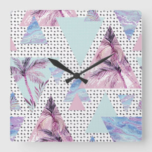 Aquarell-rosa u. blaues Palme-Muster Quadratische Wanduhr