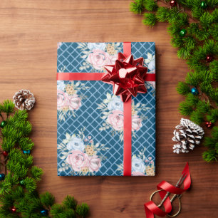 Aquarell-Rosa und Blaue Blume mit blauen Karos  Geschenkpapier