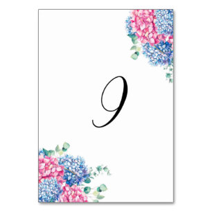 Aquarell-Rosa und Blaue Hortensien Tisch 9 Tischnummer