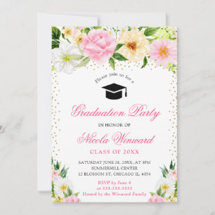 Aquarell Rosa und Gelbe Blumen Abschlussfeier Einladung