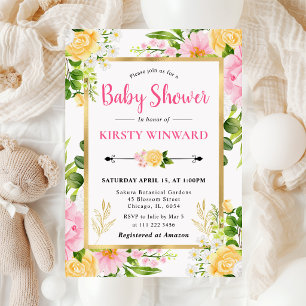 Aquarell Rosa und Gelbe Blumen Babyparty Einladung
