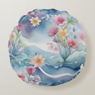 Aquarell-Rosa- und Gelbe Blumen Rundes Kissen