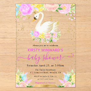 Aquarell-Rosa- und Gelbe-Blumen-Schwan-Baby-Party Acryleinladungen