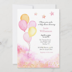 Aquarell-Rosa und gelbe Luftballon-Baby-Party Einladung