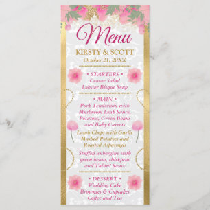 Aquarell-Rosa- und Goldblumen-Hochzeit Menükarte