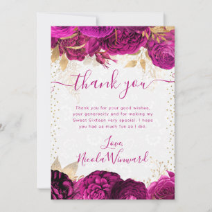 Aquarell-Rosa- und Goldblumen Sweet 16 Dankeskarte