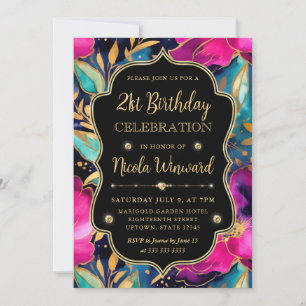 Aquarell-Rosa- und Goldblumen zum 21. Geburtstag Einladung