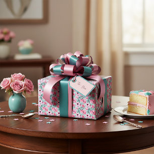 Aquarell-Rosa- und Grün-Blumenmuster Geschenkpapier