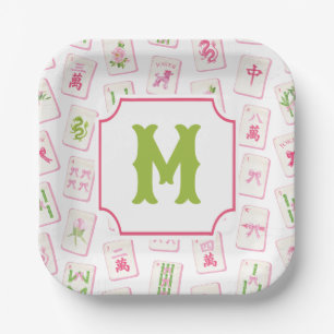 Aquarell-Rosa- und Grün-Schleife-Mahjong-Kacheln-M Pappteller