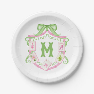 Aquarell-Rosa- und Grün-Schleife-Mahjong-Monogramm Pappteller
