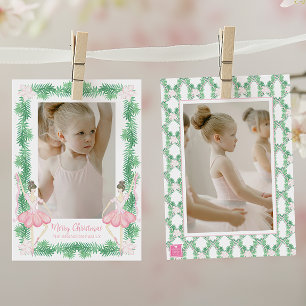 Aquarell-Rosa- und -Grün-Weihnachts-Ballerinen-Fot Feiertagskarte