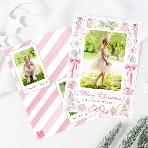 Aquarell-Rosa- und Grün-Weihnachtsrahmen-Foto Feiertagskarte