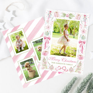 Aquarell-Rosa- und Grün-Weihnachtsrahmen-Foto Feiertagskarte