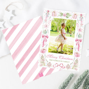 Aquarell-Rosa- und Grün-Weihnachtsrahmen-Foto Feiertagskarte