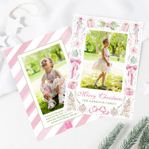 Aquarell-Rosa- und Grün-Weihnachtsrahmen-Foto Feiertagskarte