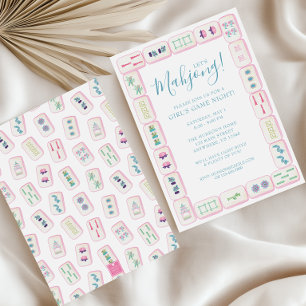 Aquarell Rosa und Grüne Mahjong-Kachel-Party Einladung