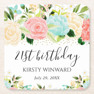 Aquarell-Rosa- und Mint-Blumen-Geburtstag Rechteckiger Pappuntersetzer