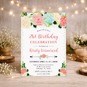 Aquarell Rosa und Mint Blüten 21. Geburtstag Einladung