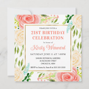 Aquarell-Rosa und Mint-Sommerblumen-Geburtstag Einladung