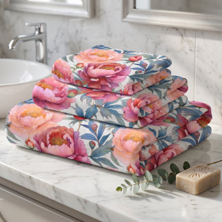 Aquarell-Rosa- und Pfirsich-Pfingstrosenblüten Badhandtuch Set