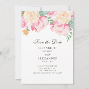 Aquarell rosa und pfirsichfarbene Blumen. Florale Save The Date