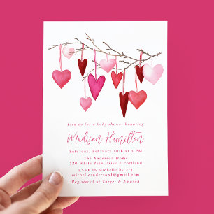 Aquarell Rosa und Rote Herz Zweig Baby Shower Einladung