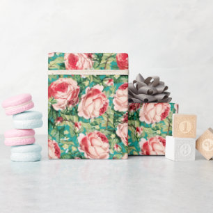 Aquarell-Rosa- und Rotrosenblumen und grüne Blätte Geschenkpapier