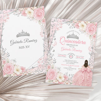 Aquarell-Rosa und Silber Quinceañera Einladung