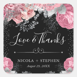 Aquarell-Rosa- und Silberblumen-Hochzeit Quadratischer Aufkleber