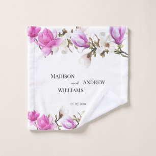Aquarell-rosa und weiße Magnolien-Blüte Badhandtuch Set