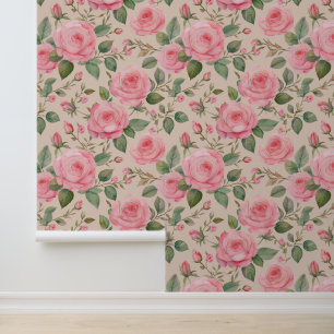 Aquarell Rosa Viktorianische Rose Grünpflanzen auf Tapete