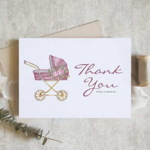 Aquarell-Rosa-Vintage-Kinderwagen-Baby-Shower Dankeskarte
