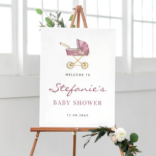 Aquarell-Rosa-Vintage-Kinderwagen-Junge-Baby-Party Poster