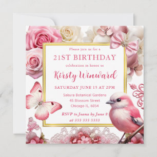 Aquarell Rosa Vogel Floral Geburtstagsfeier Einladung