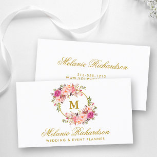 Aquarell-Rosa-Wangenrot-Blumen-Gold-Monogramm Visitenkarte