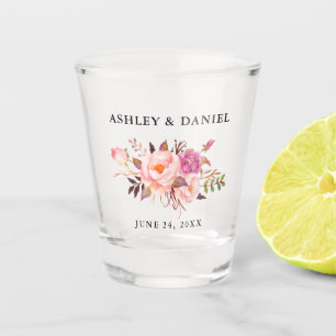Aquarell-Rosa-Wangenrot-Blumenhochzeit Schnapsglas