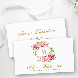 Aquarell-Rosa-Wangenrot-Floral-Monogramm-Gold Visitenkarte