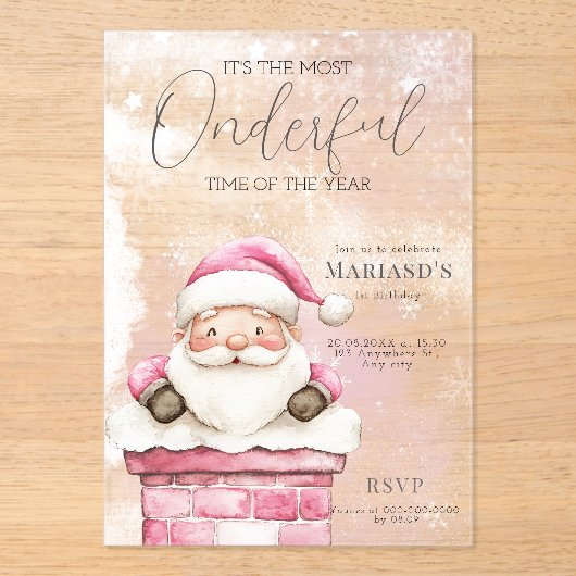 Aquarell Rosa Weihnachten 1. Geburtstag Acryleinladungen (Vorderseite)