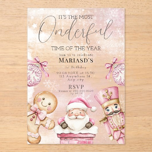 Aquarell Rosa Weihnachten 1. Geburtstag Acryleinladungen (Vorderseite)