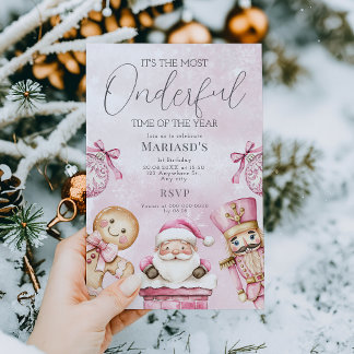 Aquarell Rosa Weihnachten 1. Geburtstag Einladung