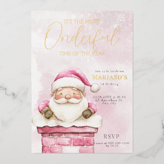 Aquarell Rosa Weihnachten 1. Geburtstag Folieneinladung (Vorderseite)