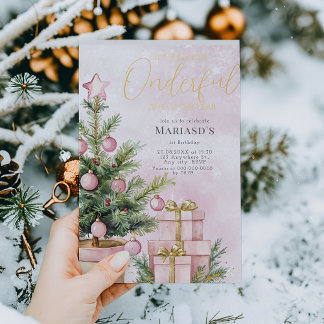 Aquarell Rosa Weihnachtsbaum 1. Geburtstag Folieneinladung