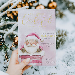 Aquarell Rosa Weihnachtsmann 1. Geburtstag Folieneinladung